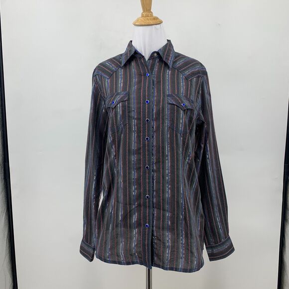 Wrangler Rock 47 Shirt Women M Medium Stripe Cotton Blend Rhinestone Snap Button - Picture 2 of 9